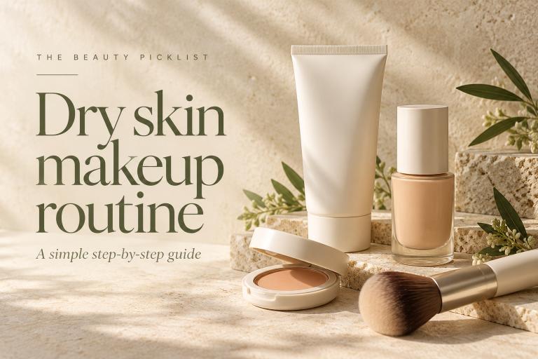 Dry skin makeup routine — a simple step-by-step guide, with unbranded beauty containers and a brush.