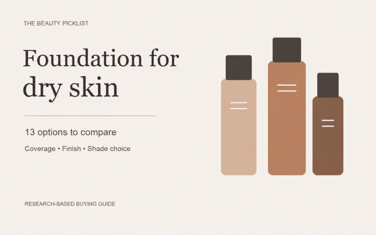 Foundation for dry skin — 13 options to compare, with three stylized foundation bottles.