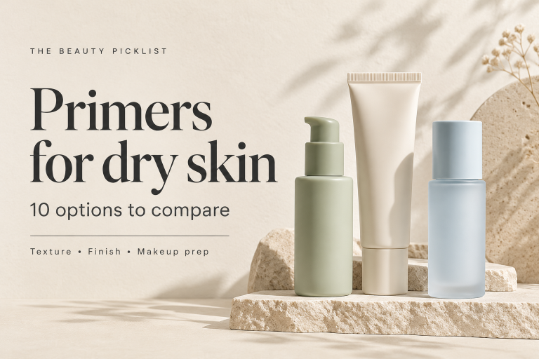Primers for dry skin — ten options to compare, with three unbranded cosmetic containers.