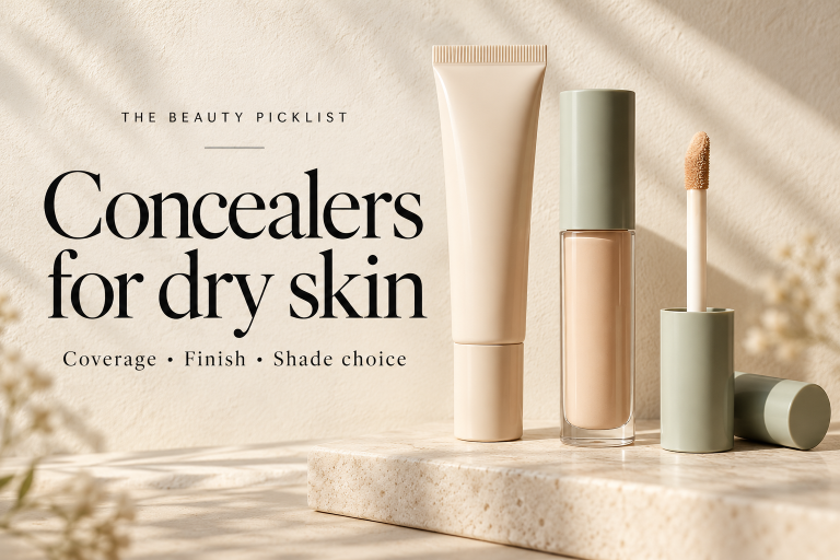 Concealers for dry skin — coverage, finish and shade choice, with unbranded concealer containers.
