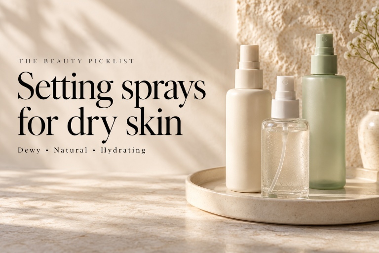 Setting sprays for dry skin — dewy, natural and hydrating options, with unbranded mist bottles.