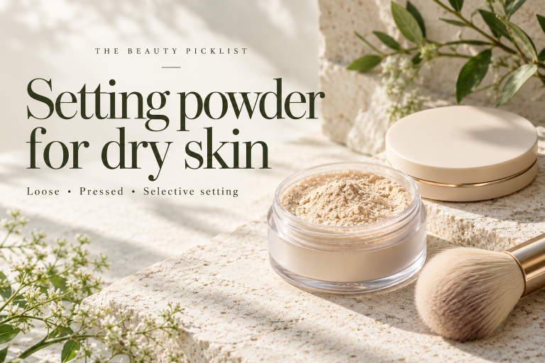 Setting powder for dry skin — loose and pressed options, with an unbranded jar, compact and brush.