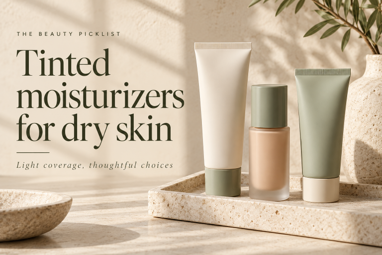 Tinted moisturizers for dry skin — light coverage choices, with unbranded cosmetic containers.